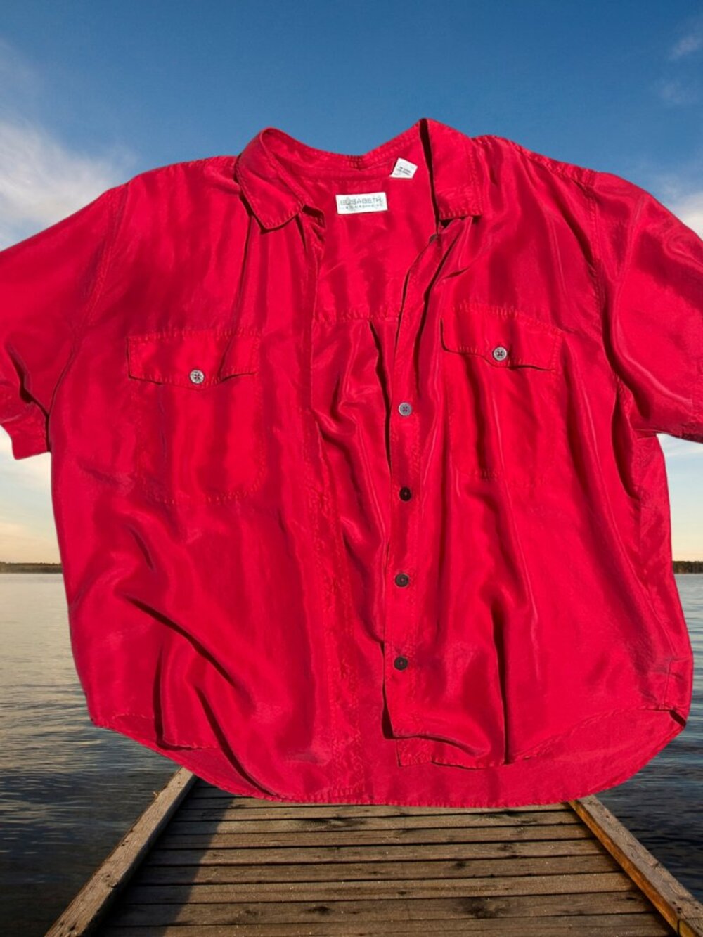100% Silk Red Button Down Size 18